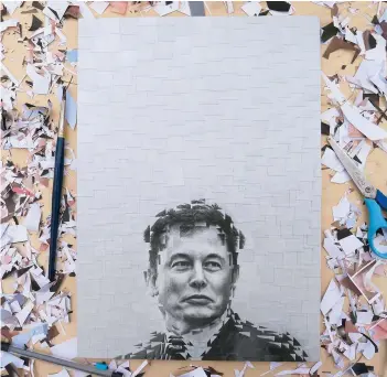  ??  ?? A behind-thescenes look at how artist Lola Dupré constructe­d her dynamic portrait of Tesla CEO Elon Musk (see page 64).