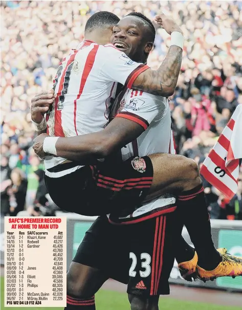  ??  ?? Lamine Kone celebrates hitting home Sunderland’s crucial second goal in last season’s 2-1 home win over Manchester United, a precious victory which was the perfect lift for the run-in for Sam Allardyce’s side in the fight to beat the drop. Picture by...