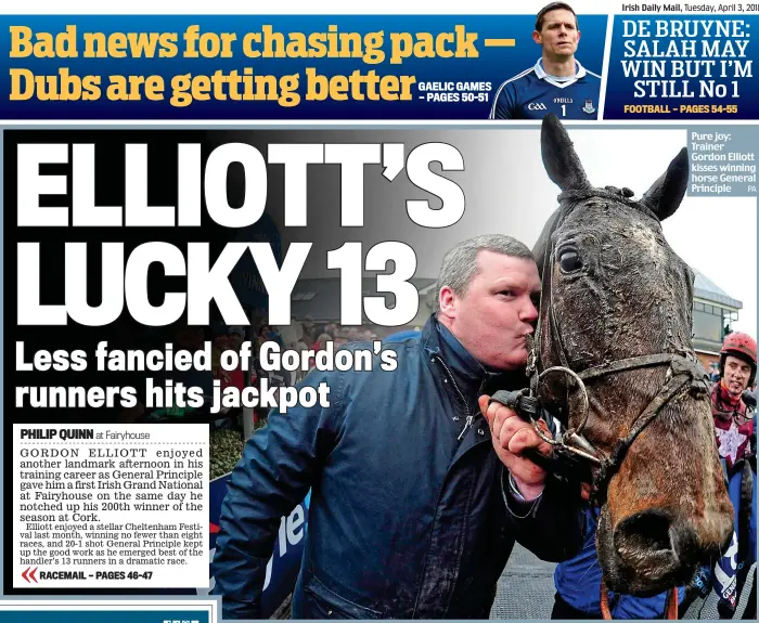  ?? PA ?? Pure joy: Trainer Gordon Elliott kisses winning horse General Principle