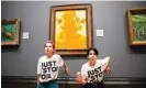  ?? ?? Two protesters threw soup at Vincent Van Gogh’s famous 1888 work Sunflowers at the National Gallery in London. They caused no damage to the glass-covered painting. Photograph: Antonio Olmos/The Guardian