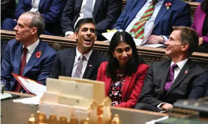  ?? Photograph: UK Parliament/Andy Bailey/PA ?? From left, Dominic Raab, Rishi Sunak, Suella Braverman and Jeremy Hunt on the front bench at PMQs.