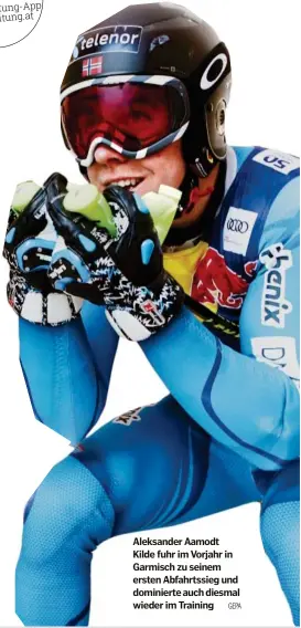  ??  ?? Aleksander Aamodt Kilde fuhr im Vorjahr in Garmisch zu seinem ersten Abfahrtssi­eg und dominierte auch diesmal wieder im Training GEPA