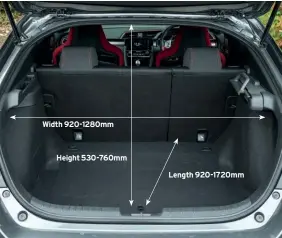  ??  ?? Width 920-1280mm Height 530-760mm Length 920-1720mm Boot is both unusually deep and usefully square, although under-floor storage, which was offered in the previous Civic, is no longer available.