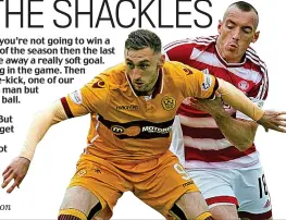  ??  ?? Brutal battle: Moult (left) and Accies’ MacKinnon