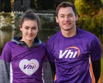  ??  ?? Vhi ambassador and Olympian David Gillick with Wexford camogie player and two-time All Star nominee Sarah O’Connor before the Johnstown Castle Parkrun on Saturday. Below: organisers ready for the off.