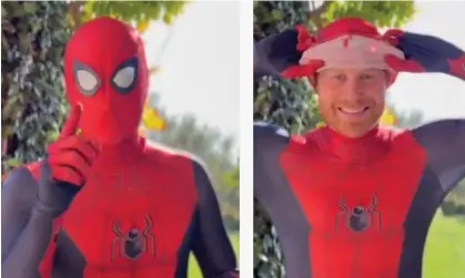  ?? Photograph: YouTube | @ScottysTV ?? Prince Harry as Spider-Man in a Christmas message for youngsters at Scotty’s Little Soldiers, acharity for bereaved British forces children and young people.