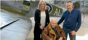  ??  ?? Jude Dobson with World War II Spitfire pilot Maurice Mayston and his son, Richard.