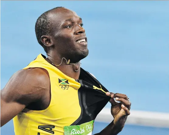  ?? AP PHOTO/ MARTIN MEISSNER, FILE ?? Jamaica's Usain Bolt celebrates winning the gold medal in the men's 4x100-meter relay final during the Summer Olympics in Rio de Janeiro.