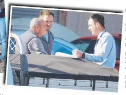  ??  ?? Police examine a bottle and bicycle at the scene and (right) Peter Summers and worker Jarrod speak to police.