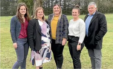  ?? ?? Jessie, centre, with the rest of the NZ Young Farmers board: left to right Nicola Blowey, Sammy Bills, Chloe Belfield, and independen­t director Malcom Nitschke.