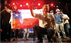  ?? ?? Chilean presidenti­al candidate José Antonio Kast of the far-right Republican party greets supporters at a rally in Santiago on Thursday. Photograph: Marcelo Hernández/Getty Images