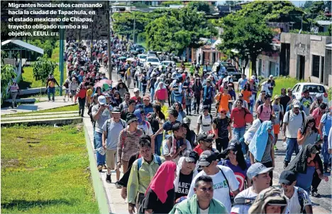  ?? EFE ?? Migrantes hondureños caminando hacia la ciudad de Tapachula, en el estado mexicano de Chiapas, trayecto obligado rumbo a su objetivo, EEUU.