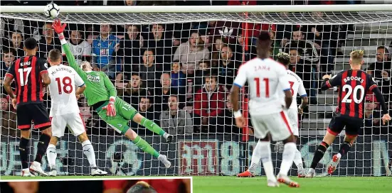  ?? GETTY IMAGES and SKY SPORTS ?? Two strikes and out: Brooks puts Bournemout­h ahead before Sakho catches Lerma for the penalty