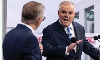  ?? Photograph: Getty Images ?? Anthony Albanese and Scott Morrison face off during the second leaders' debate before the May federal election.