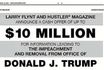  ?? IMAGE : SUPPLIED ?? The advertisem­ent placed in a Sunday newspaper offering a ‘’reward’' for informatio­n leading to President Donald Trump’s impeachmen­t.