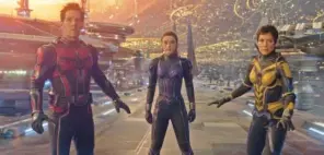  ?? DISNEY/MARVEL STUDIOS VIA AP ?? From left, Paul Rudd, Kathryn Newton and Evangeline Lilly appear in a scene from “Ant-Man and the Wasp: Quantumani­a.”