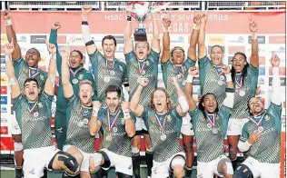  ?? Picture: GETTY IMAGES ?? THE VICTORS: South Africa celebrate after winning the US Sevens tournament at the Sam Boyd Stadium in Las Vegas