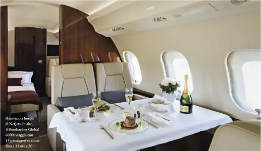  ??  ?? Il servizio a bordo di Netjets. In alto, il Bombardier Global 6000: viaggia con 13 passeggeri su tratte fino a 13 ore e 30