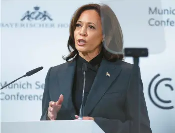  ?? JOHANNES SIMON/GETTY ?? Vice President Kamala Harris speaks Saturday at the Munich Security Conference in Germany.