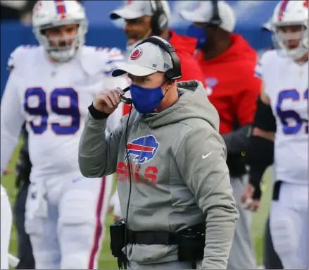  ?? JEFFREY T. BARNES - THE ASSOCIATED PRESS ?? Buffalo Bills head coach Sean McDermott works the sideline during the second half of an NFL football game against the Los Angeles Chargers, Sunday, Nov. 29, 2020, in Orchard Park, N.Y.