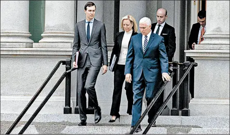  ?? TASOS KATOPODIS/SIPA USA ?? Vice President Mike Pence leads Jared Kushner, left, Homeland’s Kirstjen Nielsen and Stephen Miller after talks Saturday.