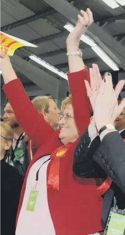  ??  ?? Labour activists celebrate Bridget Phillipson being re-elected as MP after the count at Silksworth Community Pool, Tennis & Wellness Centre.