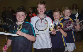  ??  ?? Winners Eddie Healy and Nicolai O’Callaghan (Listowel) and runners-up Evan McCarthy and Tomás Ashe (Annascaul) at the U-13 Boys Doubles Badminton Championsh­ips that took place last Saturday at the Killarney Sports & Leisure Centre.