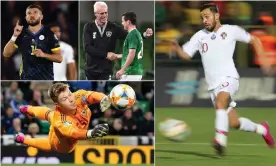  ?? EPA; Getty; Icon
Sportswire via Getty;TF-Images/Getty ?? Kosovo’s Valon Berisha; Ireland manager Mick McCarthy and Josh Cullen; Portual’s Bernardo Silva; Northern Ireland keeper Bailey Peacock-Farrell. Composite: