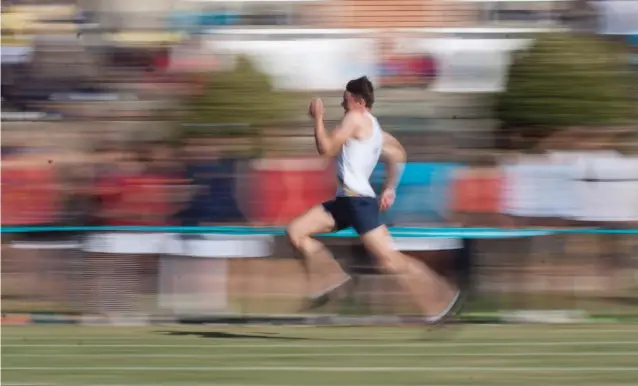  ?? Photo: Stephen Penney ?? Matthew Robertson on his way to winning the Open 100m event at the Graeme College Athletics Day which took place at the school yesterday. The inter-house meeting signals one of the first athletics meeting in Grahamstow­n this term. The meeting was one...