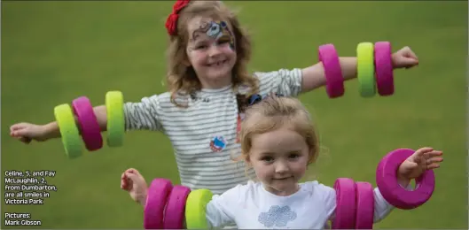  ??  ?? Celine, 5, and Fay McLaughlin, 2, from Dumbarton, are all smiles in Victoria Park Pictures: Mark Gibson