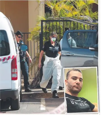  ?? Picture: KERI MEGELUS ?? Police are seen walking into the Palms Motel where a person was believed to be shot dead and (inset) Darwin taxi driver Hassan Baydoun was a victim.