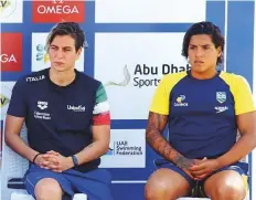  ?? Courtesy: Organiser ?? Rachele Bruni of Italy (left) and Ana Marcela Cunha of Brazil during the press briefing in Abu Dhabi yesterday.