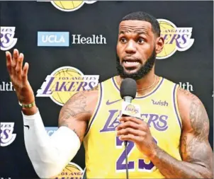  ??  ?? LeBron James speaks during the Los Angeles Lakers media day in El Segundo, California on September 27. James on Monday sharply criticised a Houston Rockets executive for a tweet supporting protesters in Hong Kong, saying the executive was ‘misinforme­d’ and should have kept his mouth shut.