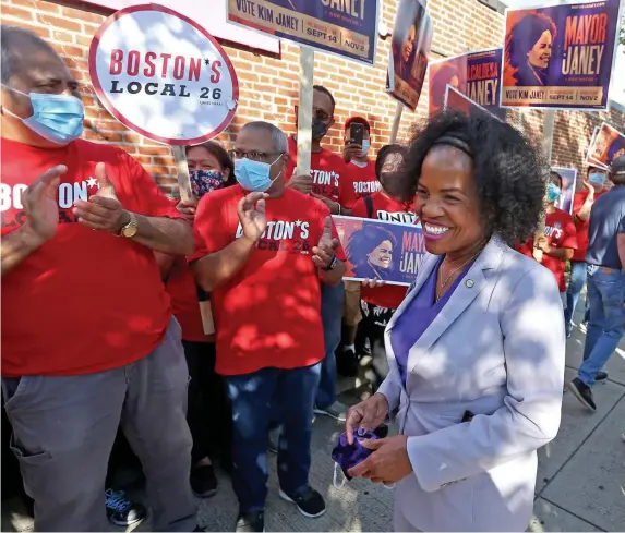  ?? MATT sTonE / HErAld sTAFF FIlE ?? ‘LEAVE HERE ENCOURAGED’: Acting Mayor Kim Janey rallies Monday at Grove Hall.