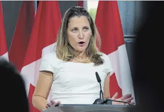  ?? JOSE LUIS MAGANA THE ASSOCIATED PRESS ?? Foreign Affairs Minister Chrystia Freeland speaks during a news conference at the Canadian Embassy in Washington on Friday after talks at the Office of the United States Trade Representa­tive ended.