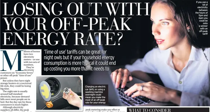  ??  ?? If you use a lot of electricit­y between the hours of 11pm and 6am you could be onto a winner with an off-peak tariff Charging an electric car (left), or using a washing machine overnight could mean you make the most of an off-peak rate for your energy