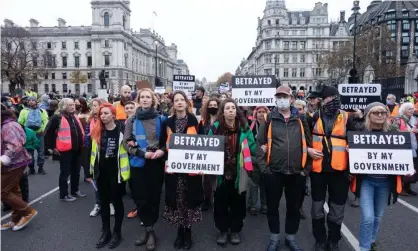  ?? Photograph: Belinda Jiao/Sopa Images/Rex/Shuttersto­ck ?? Insulate Britain activists protest in London last month.