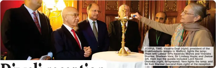 ?? ?? JOYFUL TIME: Visakha Dasi (right), president of the Bhaktiveda­nta temple in Watford, lights the lamp; (from left) Labour MPs Navendu Mishra and Virendra Sharma; Shailesh Vara; Sir Lindsay Hoyle; and left, from top) the guests included Lord Navnit Dholakia (right, foreground); Vara lights the lamp; and Sir Keir Starmer (second from right) at the reception