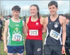  ?? ?? Aidan Maher (St. Colman’s, Fermoy), Lucy Lynch (St. Al’s, Carrigtwoh­ill) and Timmy Hawkins (Rochestown College) pictured at the National Schools Cross-Country in Belfast.
