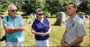  ?? JETTA FRASER / THE (TOLDEO) BLADE ?? Historians Gary L. Franks and Becky Visser meet with City of Toledo Cemetery foreman Luke Smigielski. Smigielski is helping the historians in their research by providing informatio­n on the city’s history.