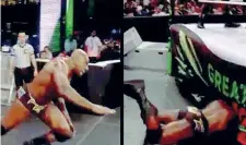  ??  ?? L’incidente Non sono state soltanto le donne al centro delle polemiche nell’esibizione di wrestling a Gedda. Titus O’neil, campione Usa, ha scatenato l’ilarità generale inciampand­o goffamente mentre correva verso il ring