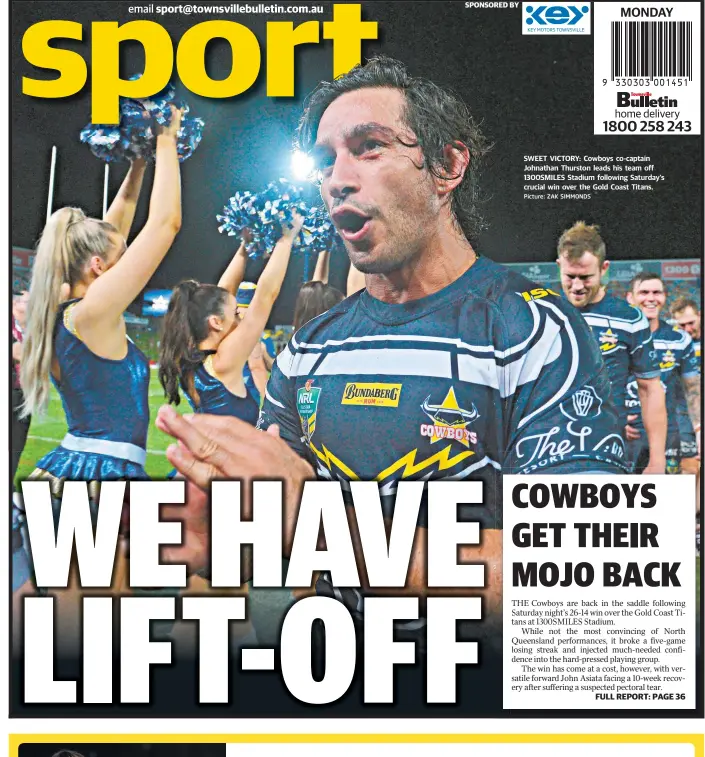  ?? Picture: ZAK SIMMONDS ?? SWEET VICTORY: Cowboys co- captain Johnathan Thurston leads his team off 1300SMILES Stadium following Saturday’s crucial win over the Gold Coast Titans.