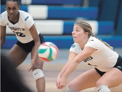  ?? BOB TYMCZYSZYN THE ST. CATHARINES STANDARD ?? Welland native and Jean Vanier graduate Natasha Desjardins, shown bumping the ball against Sheridan in this file photo, recorded 13 kills and two service aces in a win over Algonquin in qualifying-round action Saturday in Ottawa.