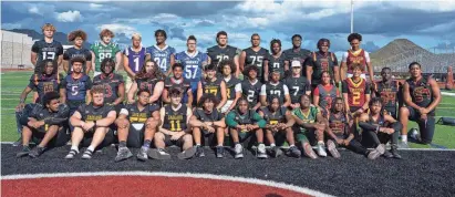  ?? ?? High school football prospects pose for a group photo after meeting recruiting analyst Tom Lemming on April 1. Lemming takes a old-school approach to evaluating talent.