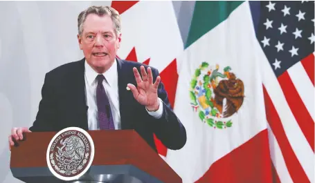  ?? CARLOS JASSO/REUTERS ?? As the U.s.-mexico-canada Agreement took effect Wednesday, a coalition of business leaders from the three nations is calling on their countries to resist imposing trade barriers. U.S. trade ambassador Robert Lighthizer, above, is considerin­g reviving aluminum tariffs.