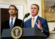  ?? DOUG MILLS / NYT ?? U.S. Sen. David Perdue (right), one of the first to endorse candidate Donald Trump, has been among the president’s most vocal defenders and an important voice in Washington on immigratio­n issues.