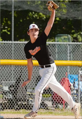  ?? DANA JENSEN/AP PHOTO ?? Montville-New London third baseman Desmond Powers (9) shows the umpire that he made the catch on a low line drive for an out during the first round the Connecticu­t Section 3 Little League Tournament against Rocky Hill on Saturday at the Gallivan Lane Complex in Montville. Montville-NL won 6-2.