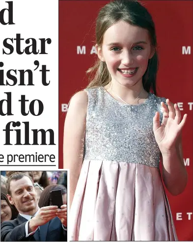  ??  ?? Selfie: Michael Fassbender
Rising star: Amber Rissmann, 9, on the red carpet yesterday