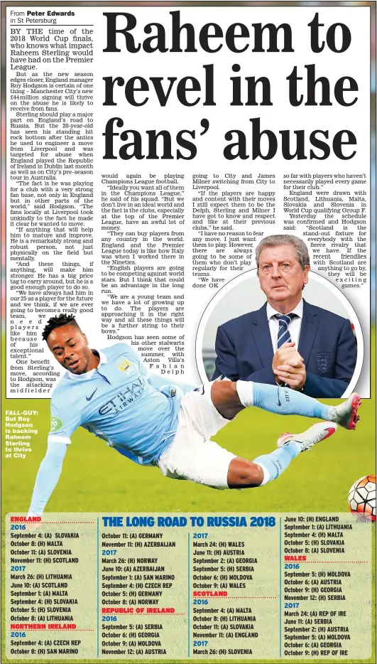  ??  ?? FALL- GUY: But Roy Hodgson is backing Raheem Sterling to thrive at City