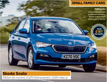  ?? ?? Hallmarks Scala boasts Skoda’s traditiona­l strengths, but its engine lets it down next to the Kia